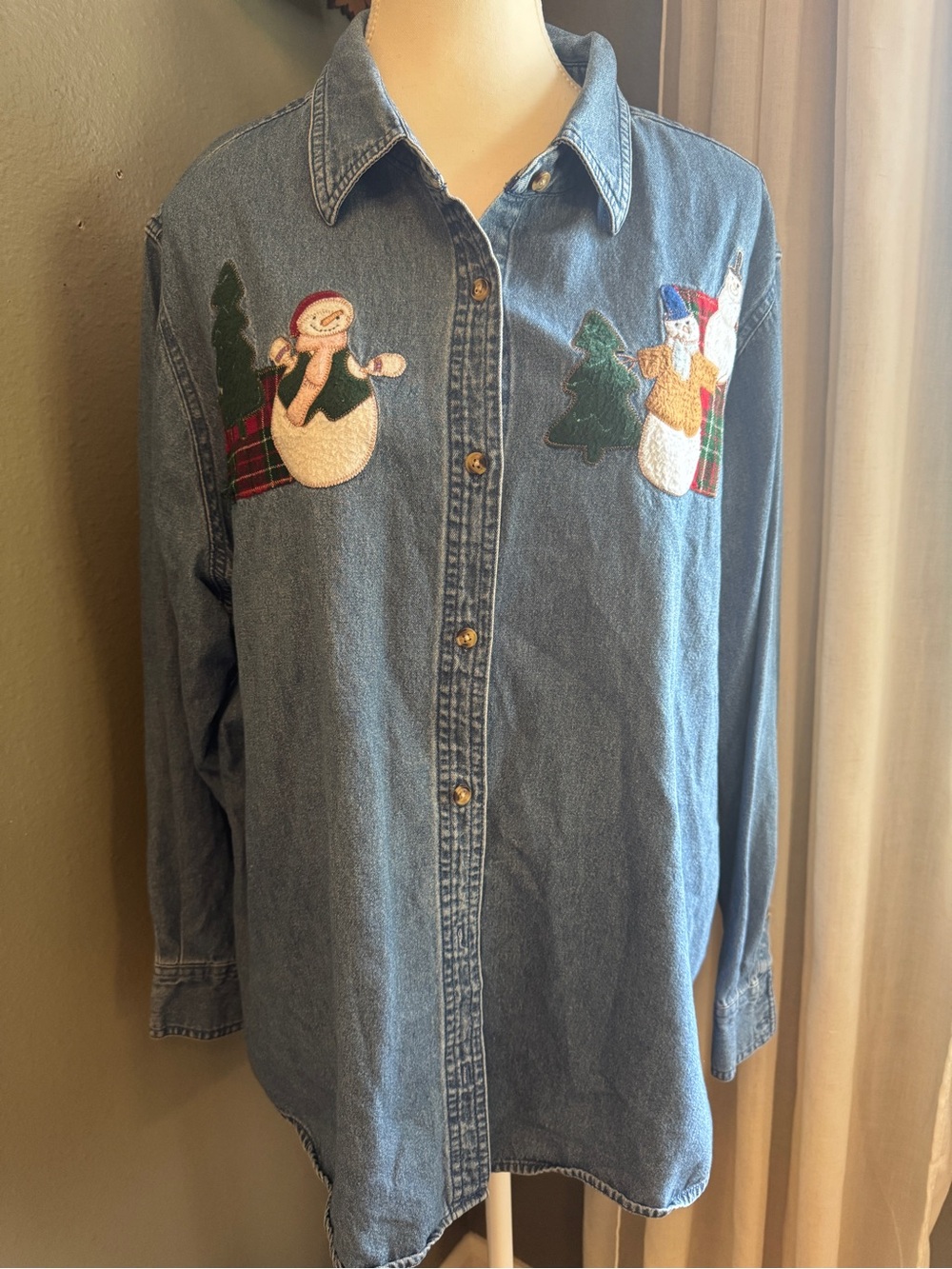 Vintage Holiday Editions Snowman Denim Shirt Womens 1X Applique Christmas Plaid